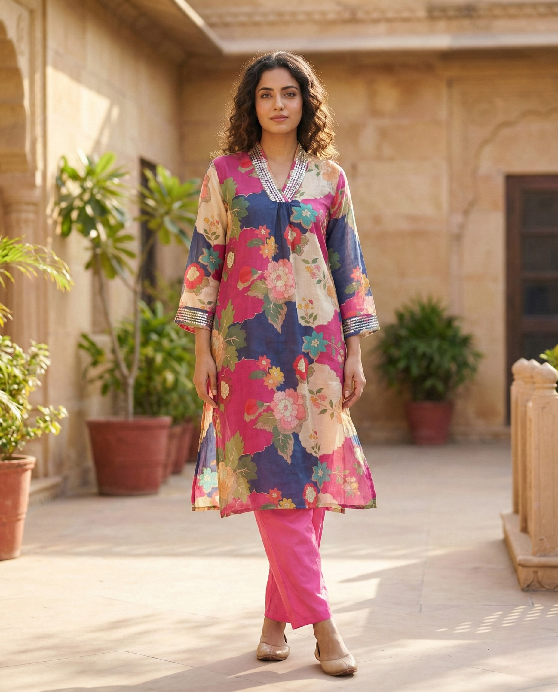 Abstract Multi-color Floral Muslin KP set