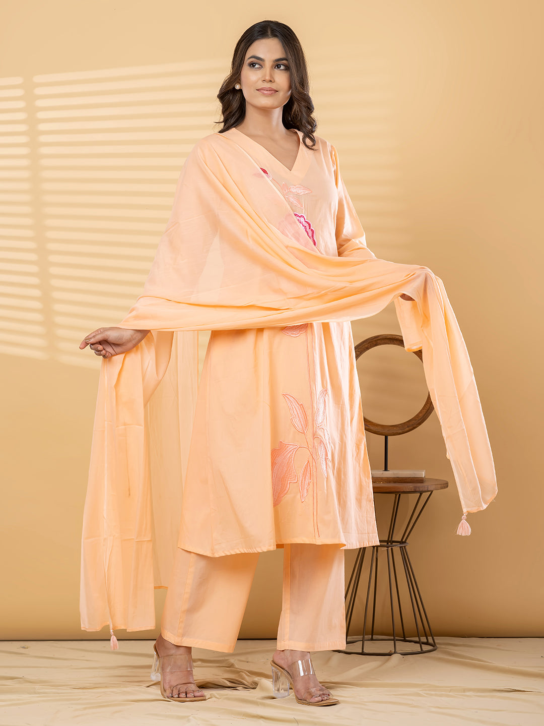 ELARA FLORAL EMBROIDERED 3PC SET - PEACH