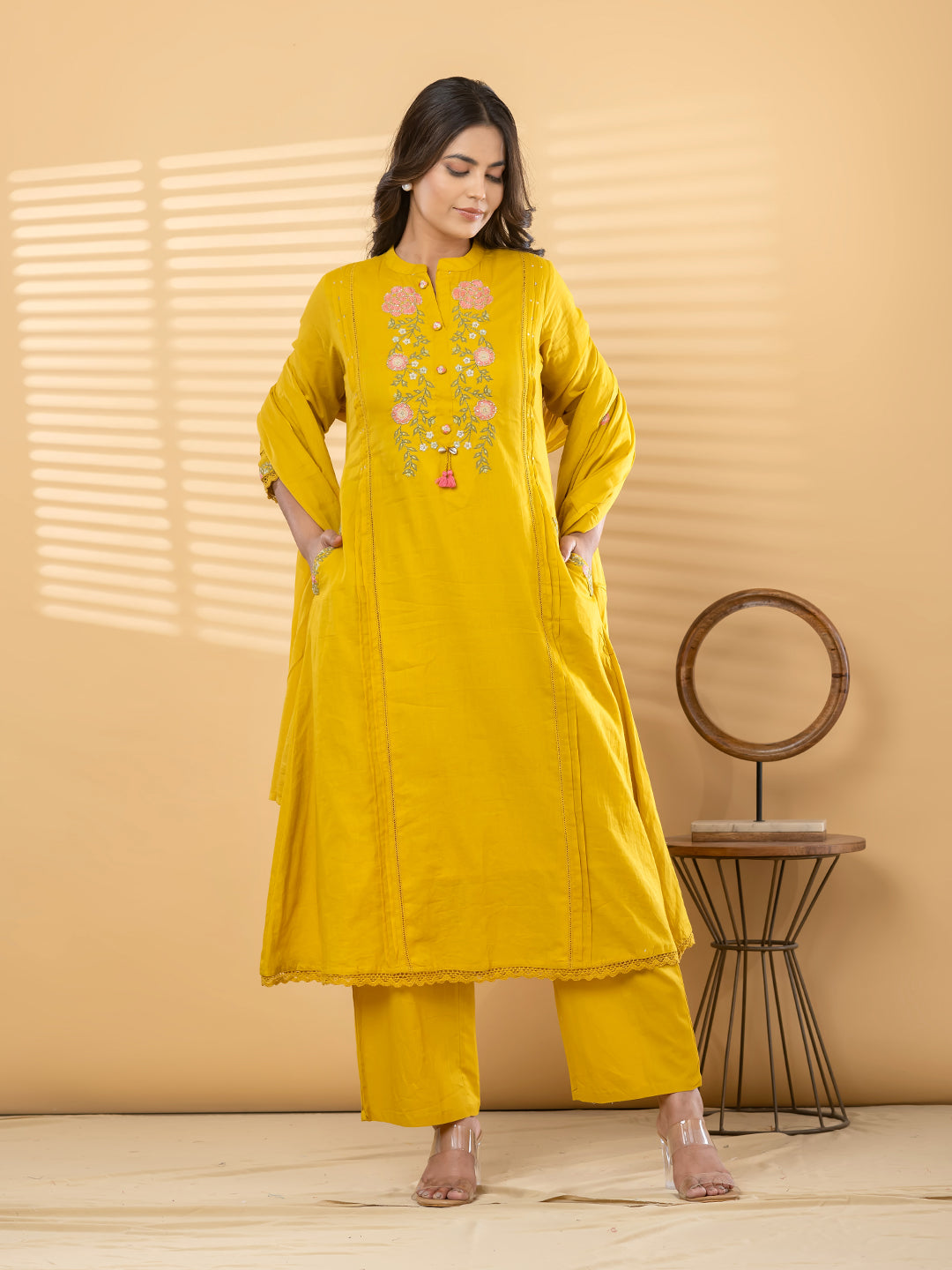 ZIVA FLORAL EMBROIDERED 3PC SET - MUSTARD YELLOW