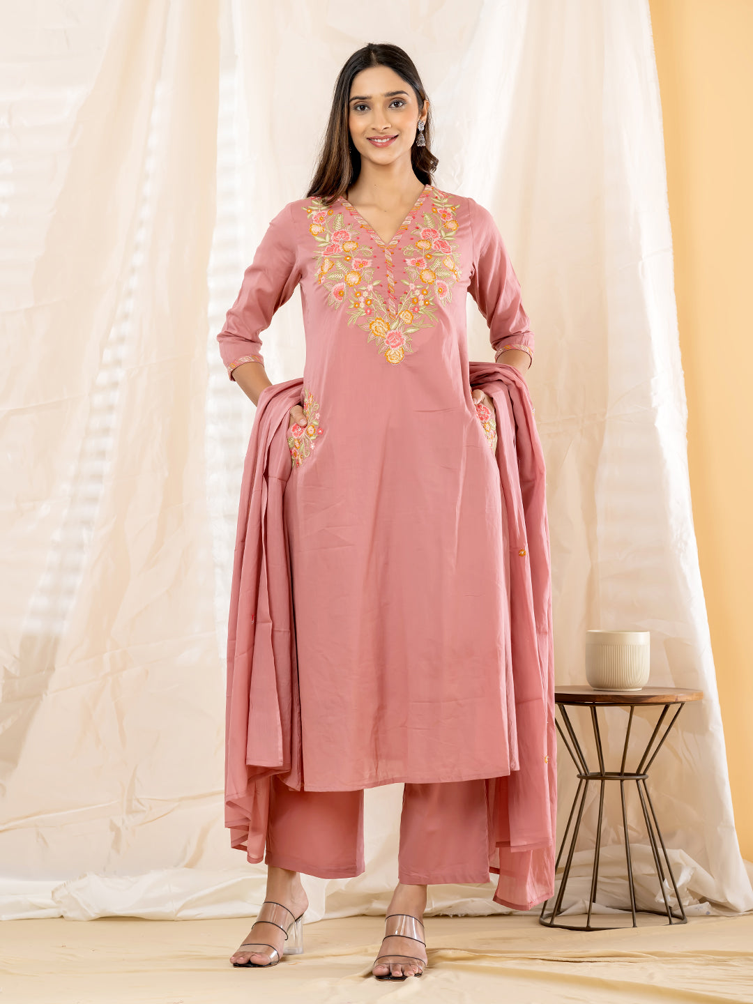RAVIKA FLORAL EMBROIDERED 3PC SET - ROSE PINK