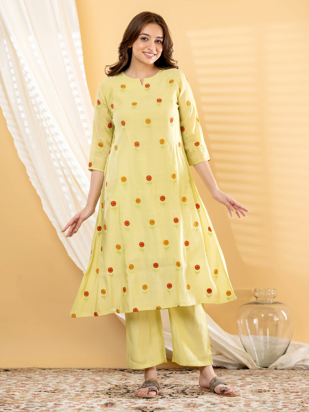 KAVIRA FLORAL PRINTED 3PC SET - LIME YELLOW