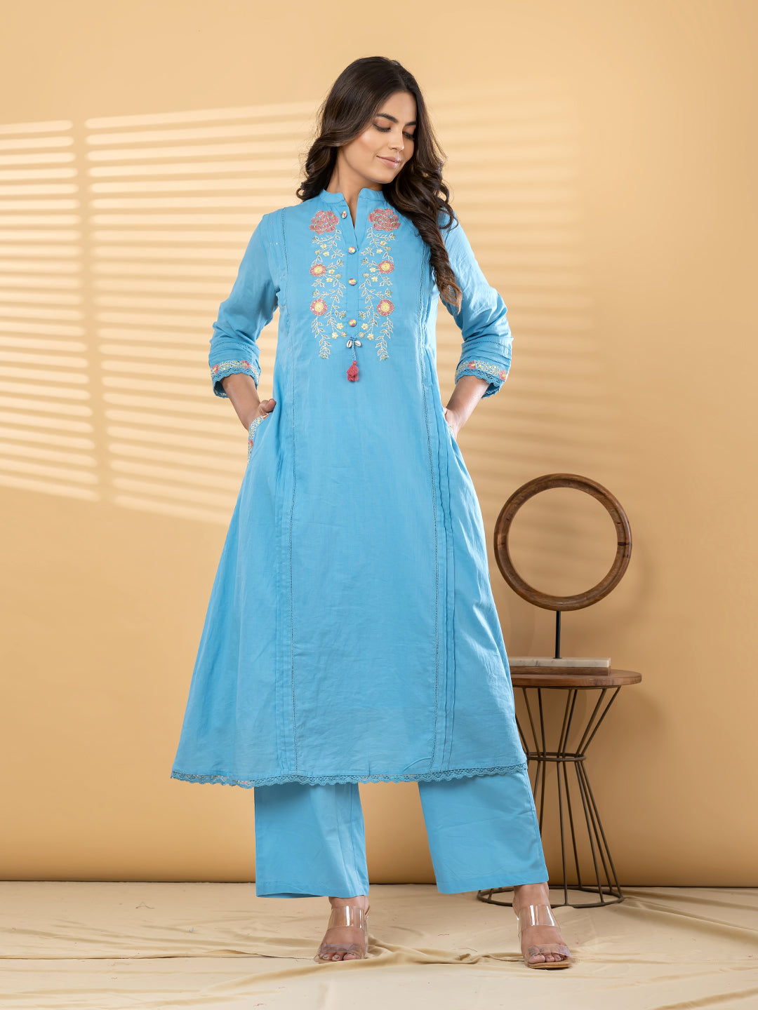 ZARIA FLORAL EMBROIDERED 3PC SET - SKY BLUE