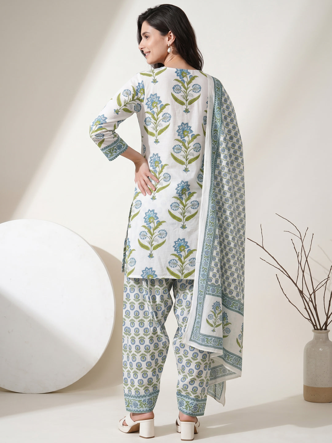 Azure Bloom Handblock 3Pc Set – Ivory Blue