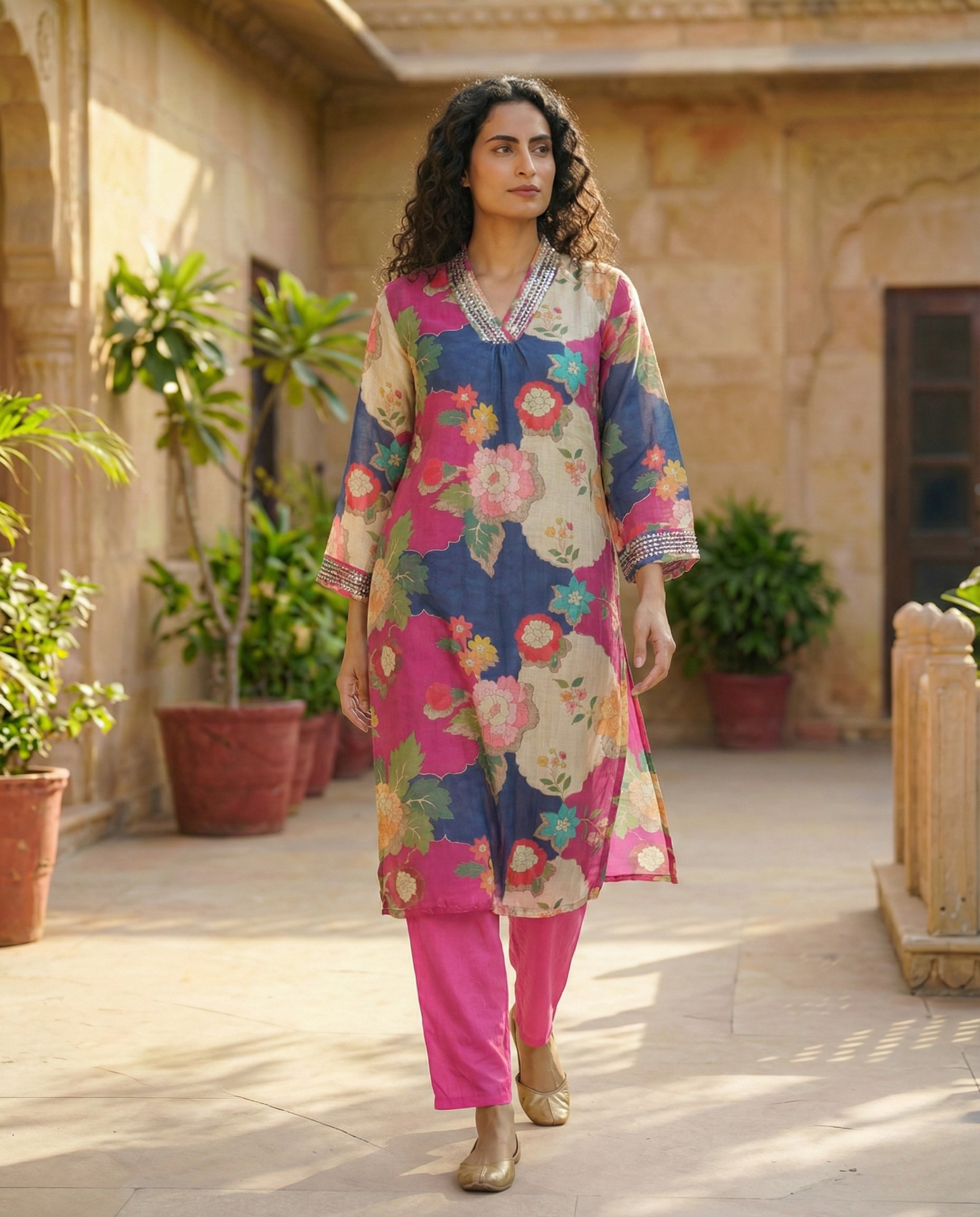 Abstract Multi-color Floral Muslin KP set