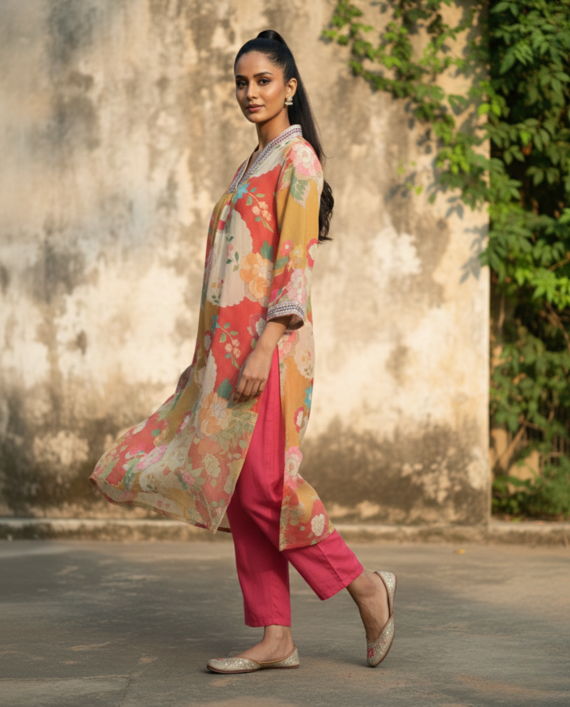 Abstract Mustard coral Floral Muslin KP set