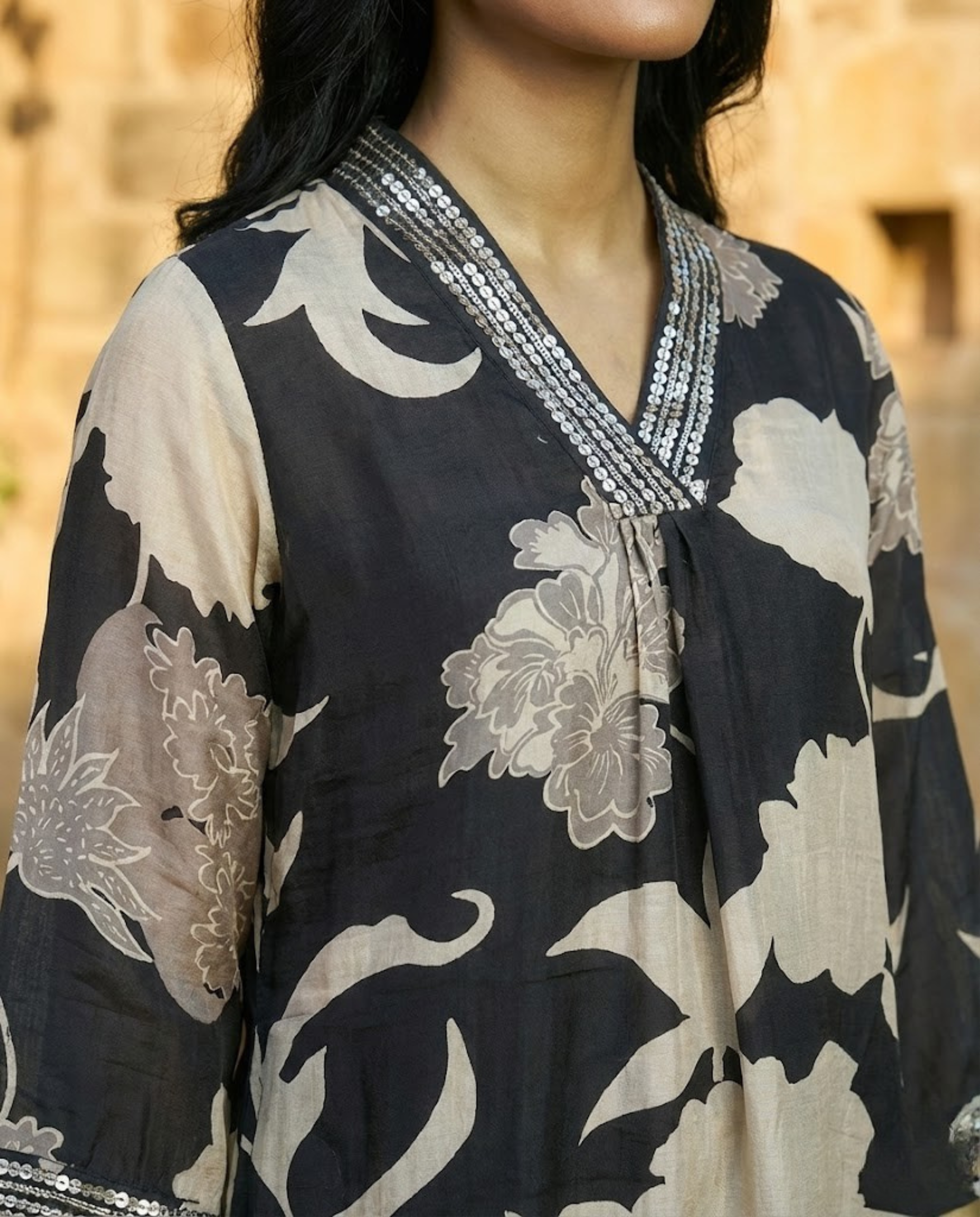 Abstract Black White Floral Muslin KP set