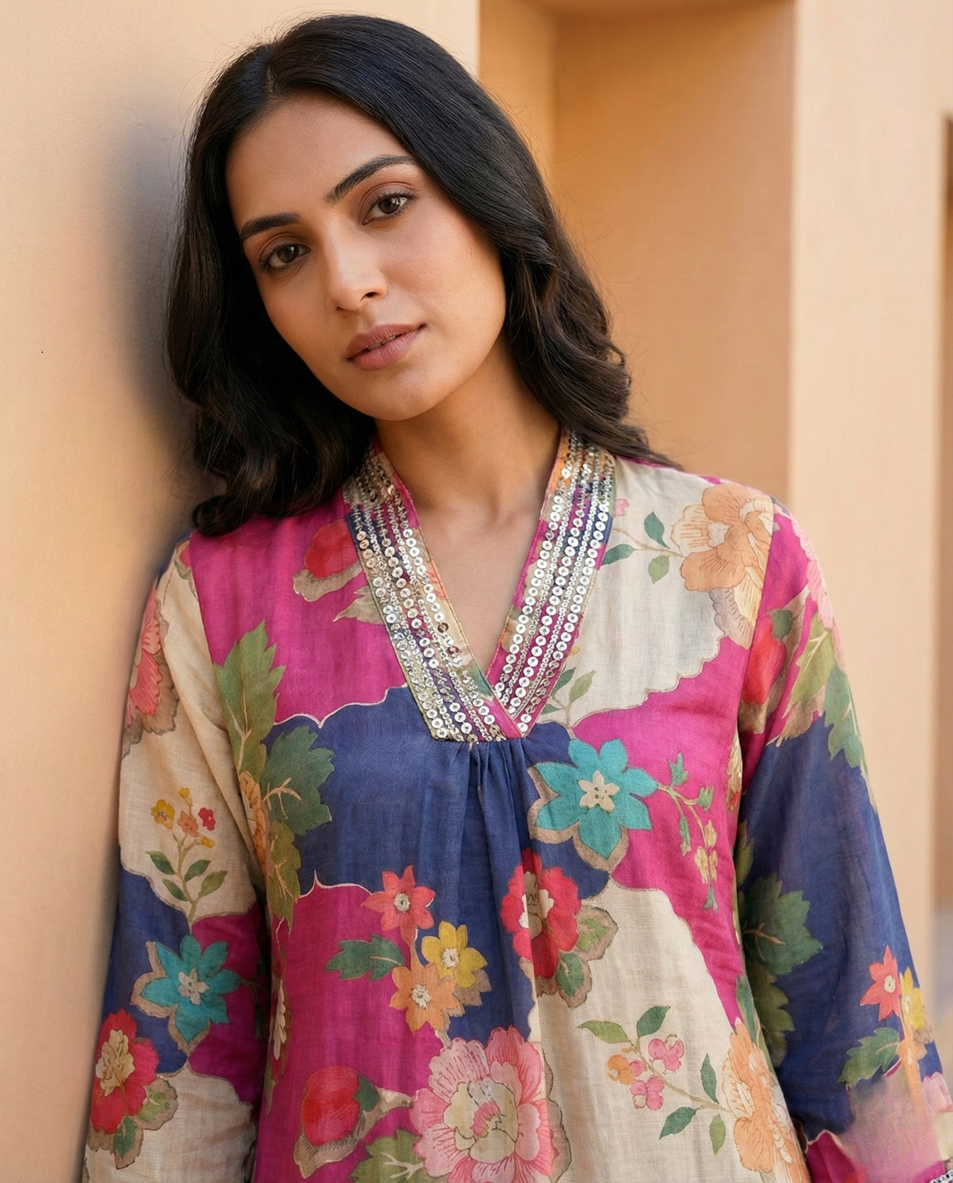 Abstract Multi-color Floral Muslin KP set