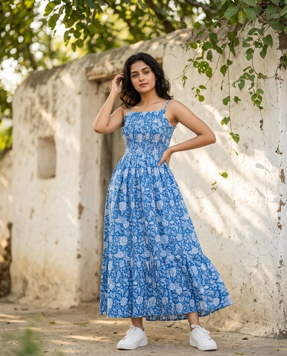 FLORAL COTTON SPAGHTTI BOBBIN ELASTIC FROCK