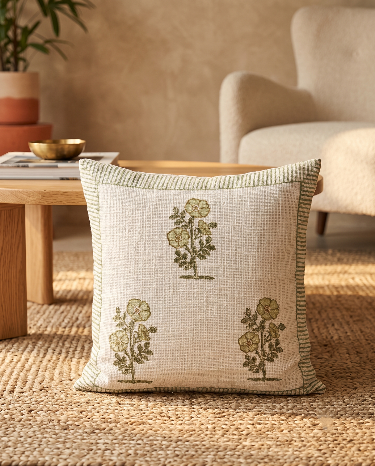 Gulzar Trio Handblock Jute Cushion Cover