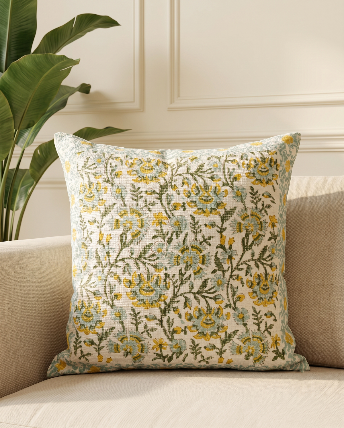 Gulnaar Garden Handblock Jute Cushion Cover