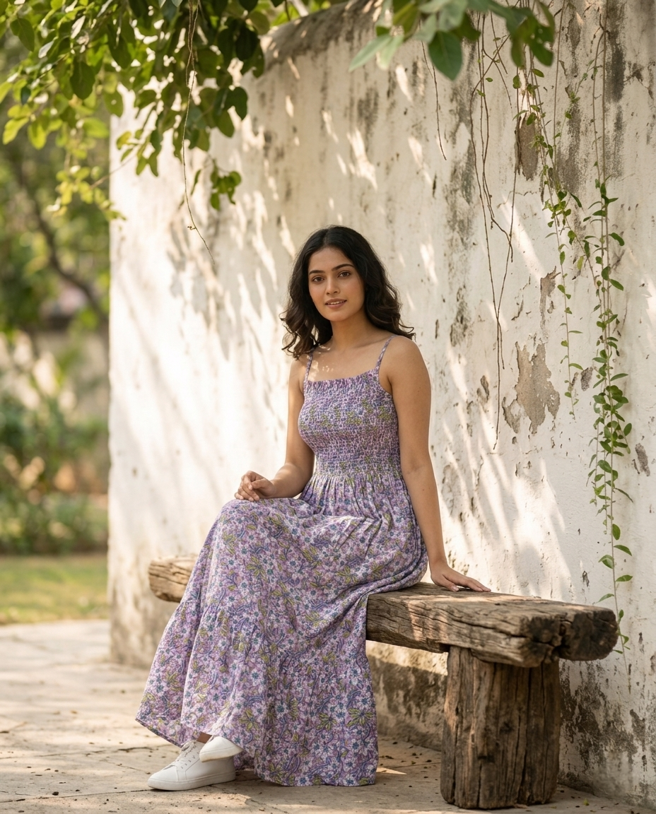 FLORAL COTTON SPAGHTTI BOBBIN ELASTIC FROCK