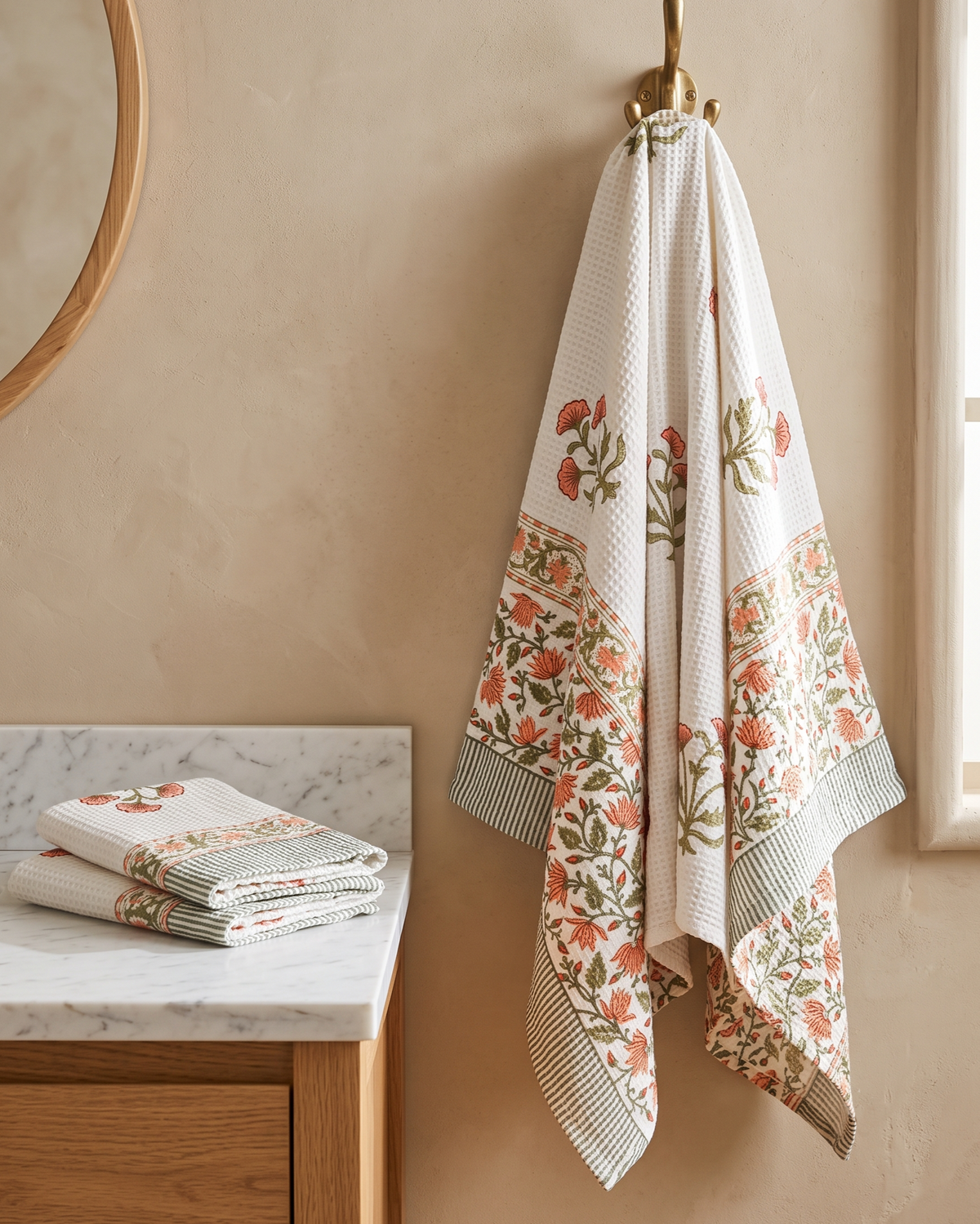 PEACH GARDEN FLORAL HAND BLOCK WAFFLE BATH TOWEL SET
