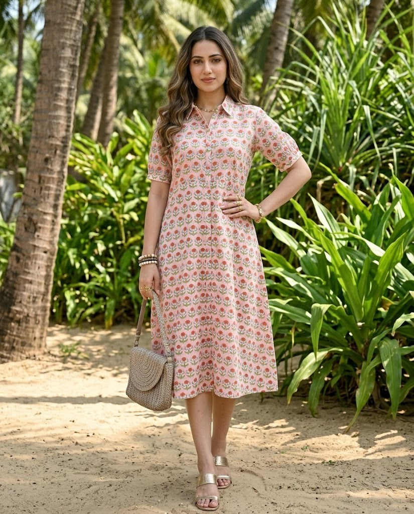 PEACH COLLAR BELT DRESS (HANDBLOCK)