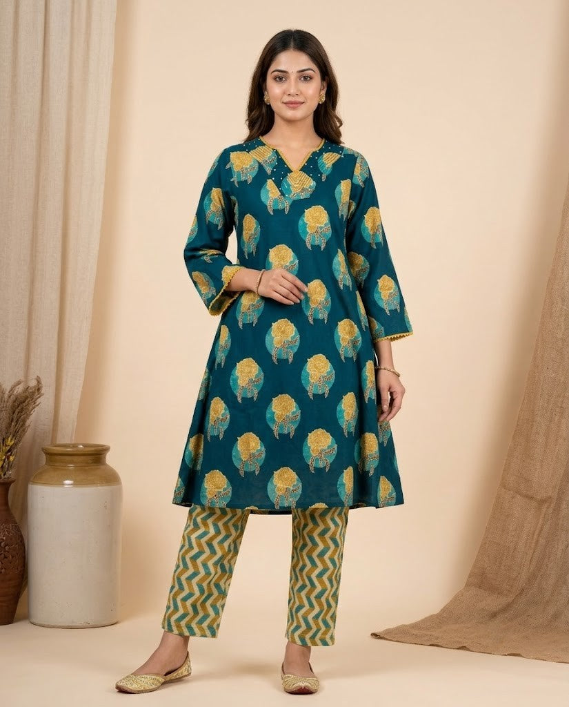 TEAL BLUE FLORAL PREMIUM COTTON PRINTED KURTA PANT SET