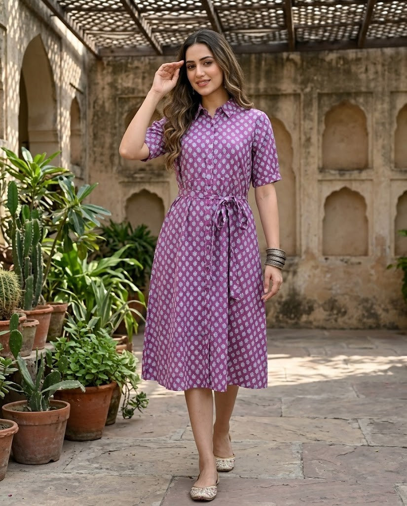 PURPLE COLLAR BELT DRESS (HANDBLOCK)