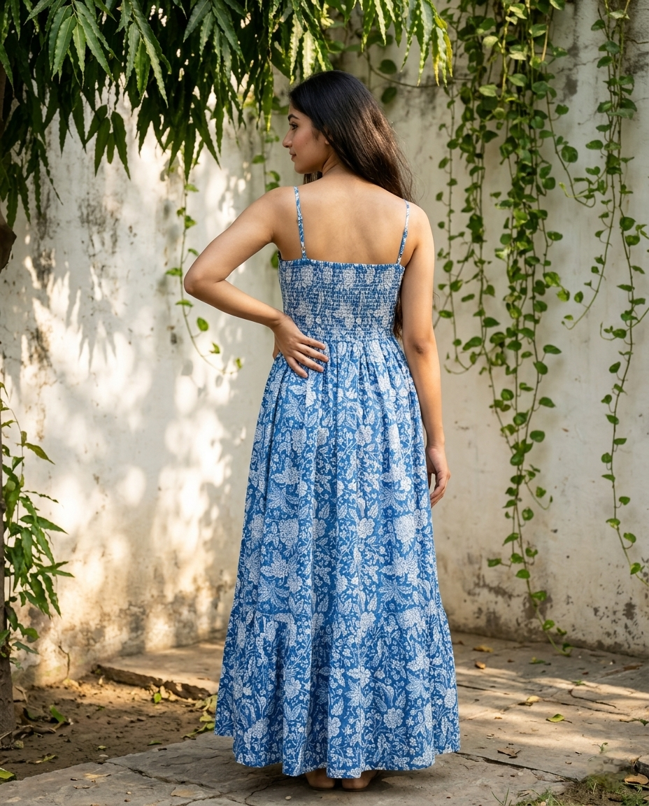 FLORAL COTTON SPAGHTTI BOBBIN ELASTIC FROCK