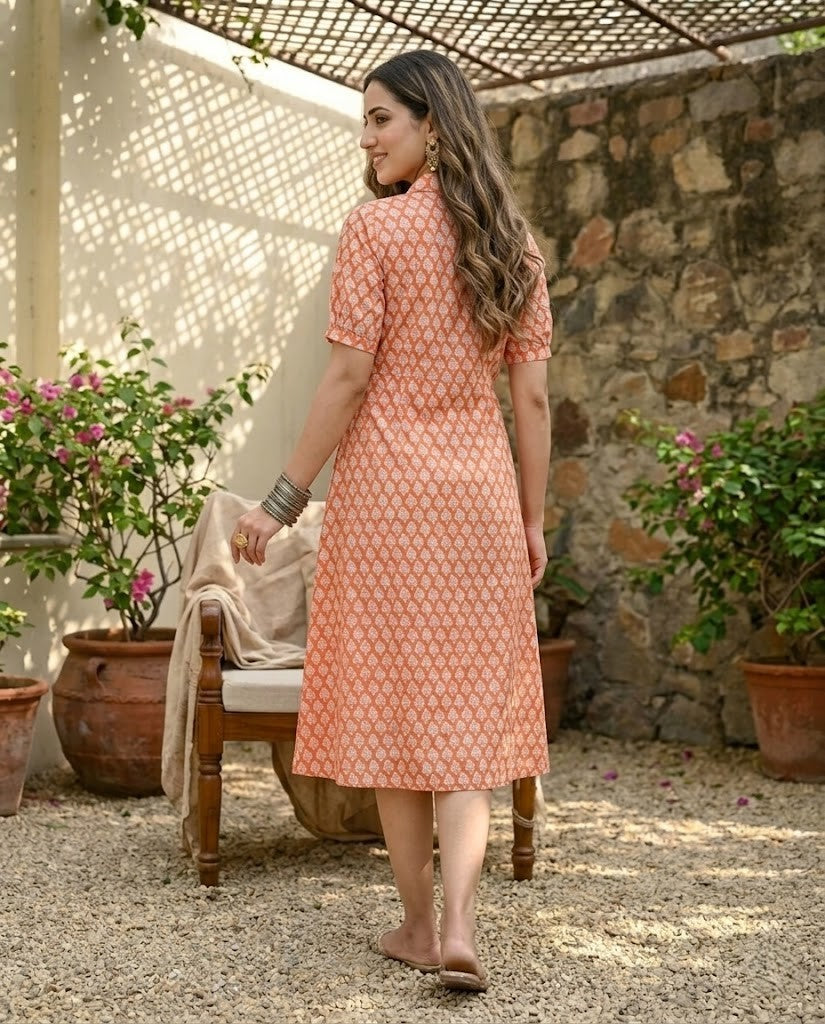 ORANGE COLLAR BELT DRESS (HANDBLOCK)