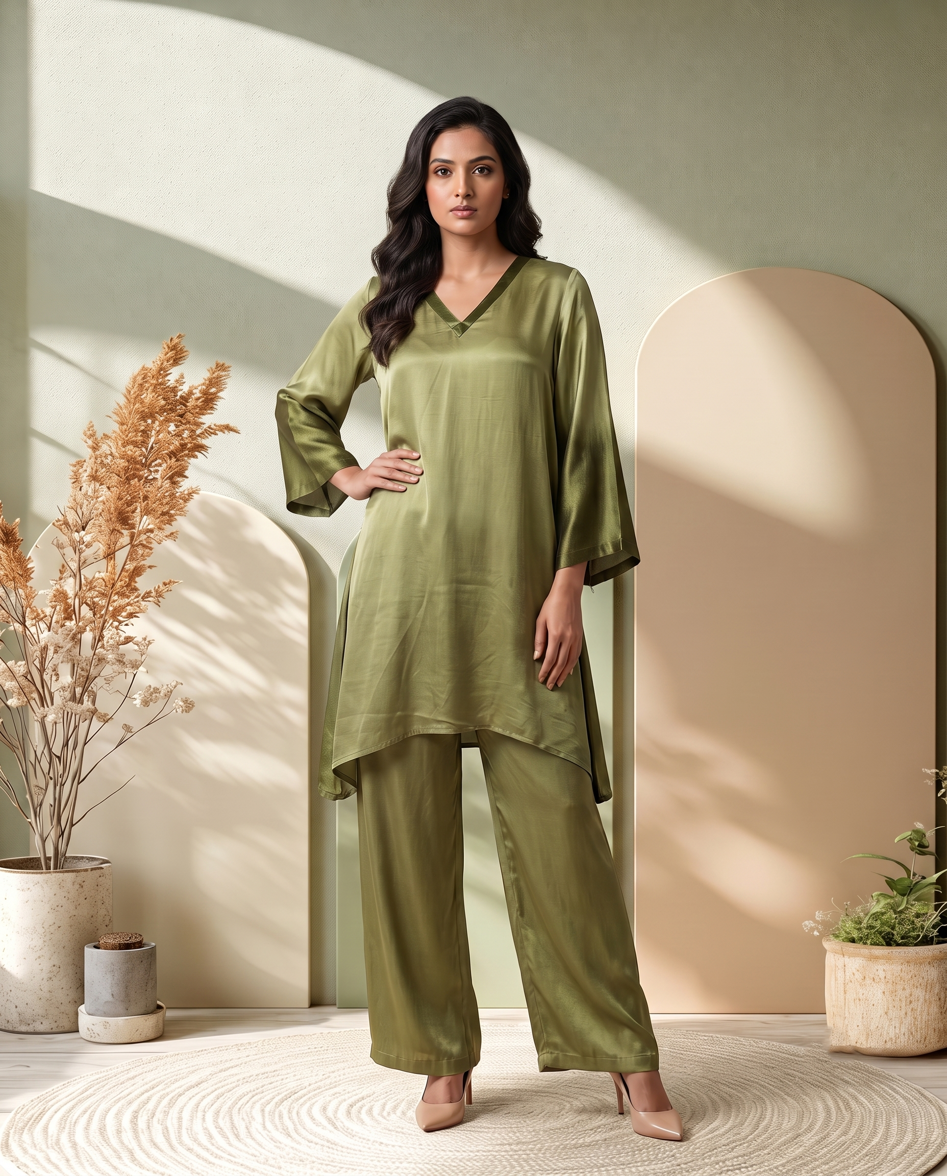OLIVE GREEN OMBRE LUXE MODAL SILK SHORT KURTA