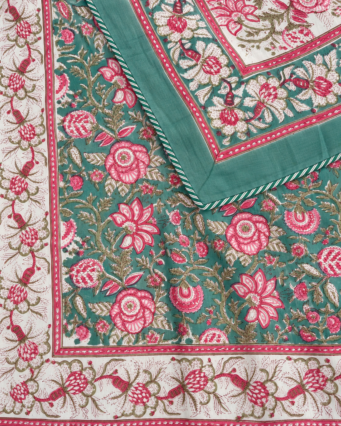 Teal Rose Garden Handblock Reversible Dohar