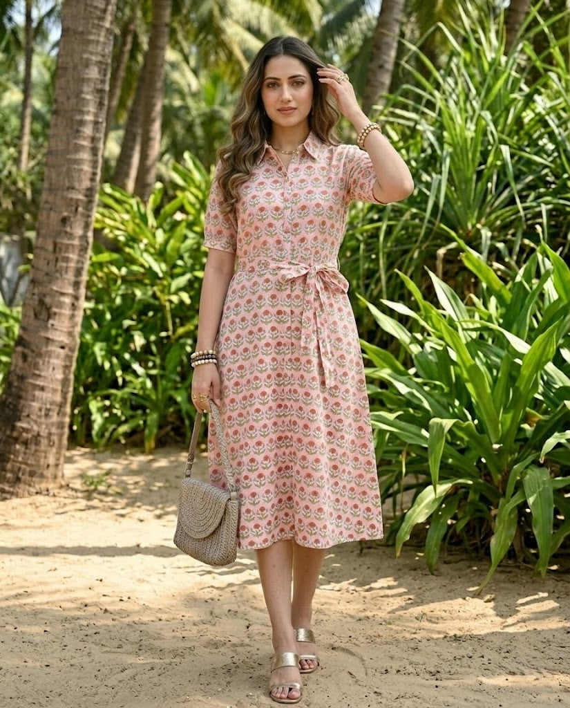 PEACH COLLAR BELT DRESS (HANDBLOCK)