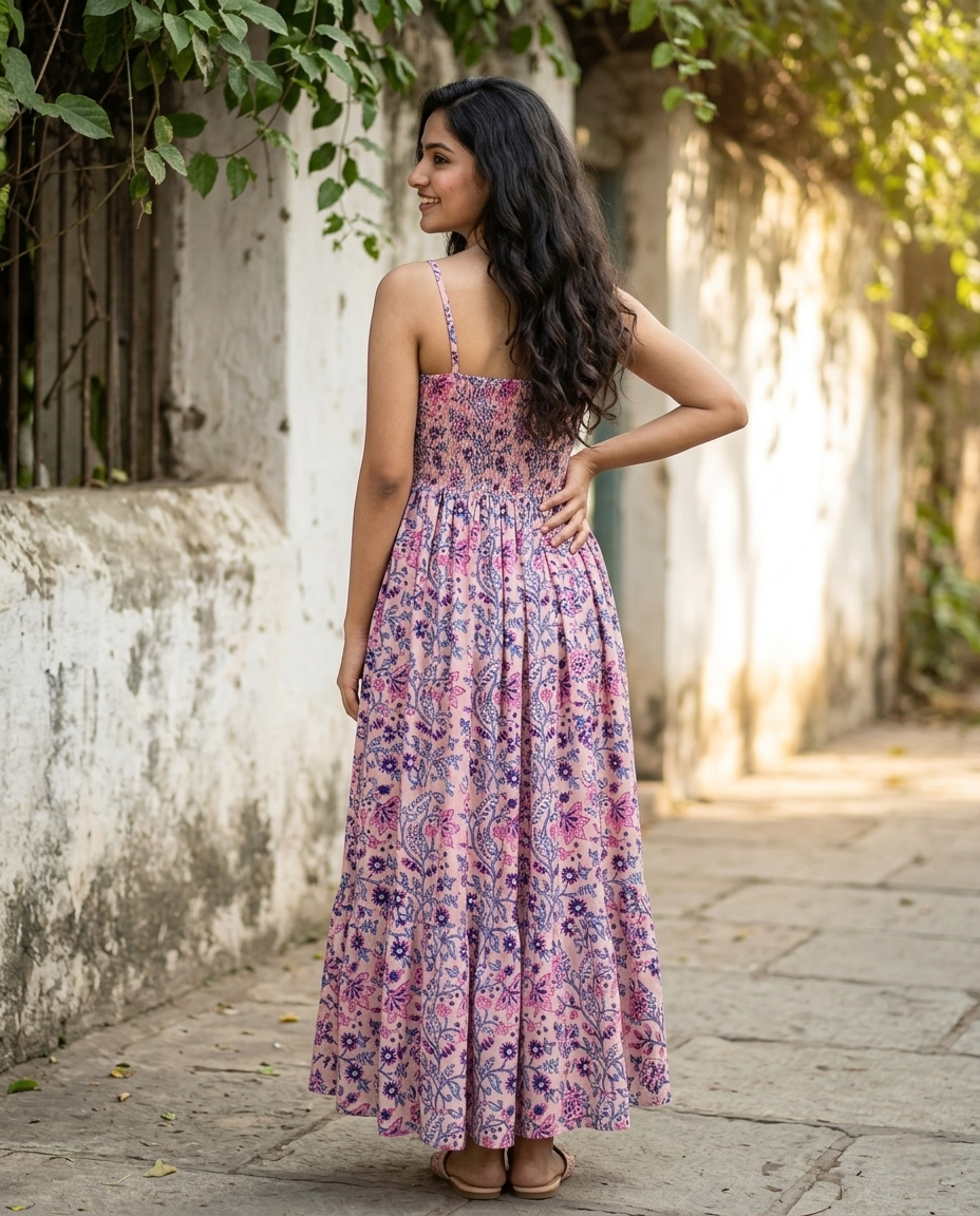 FLORAL COTTON SPAGHTTI BOBBIN ELASTIC FROCK