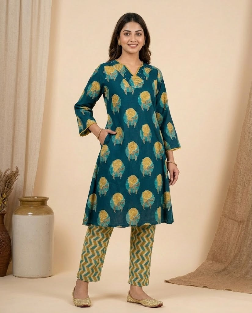 TEAL BLUE FLORAL PREMIUM COTTON PRINTED KURTA PANT SET