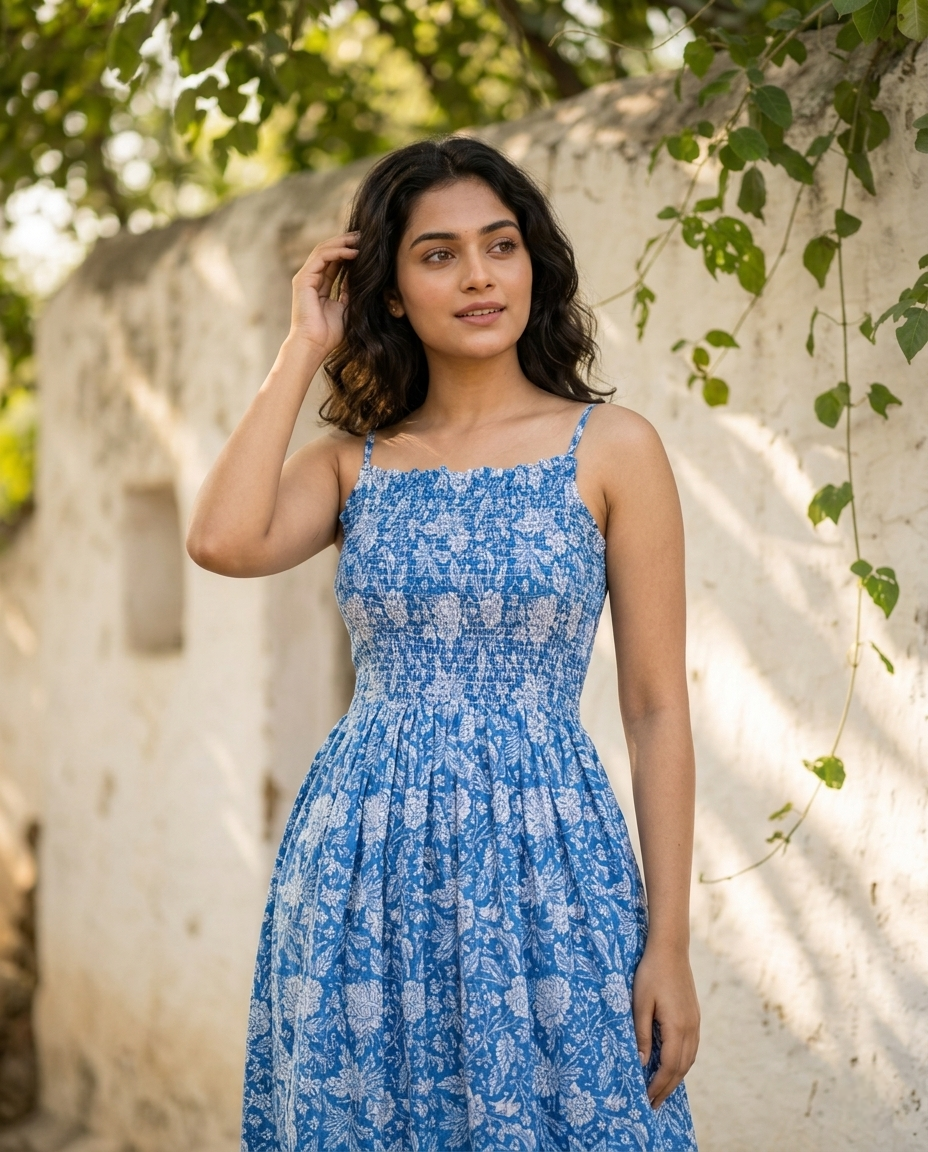 FLORAL COTTON SPAGHTTI BOBBIN ELASTIC FROCK