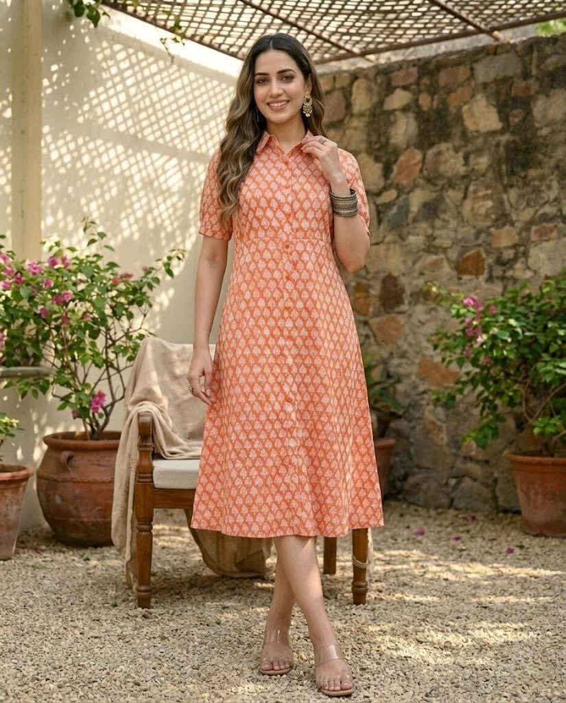 ORANGE COLLAR BELT DRESS (HANDBLOCK)