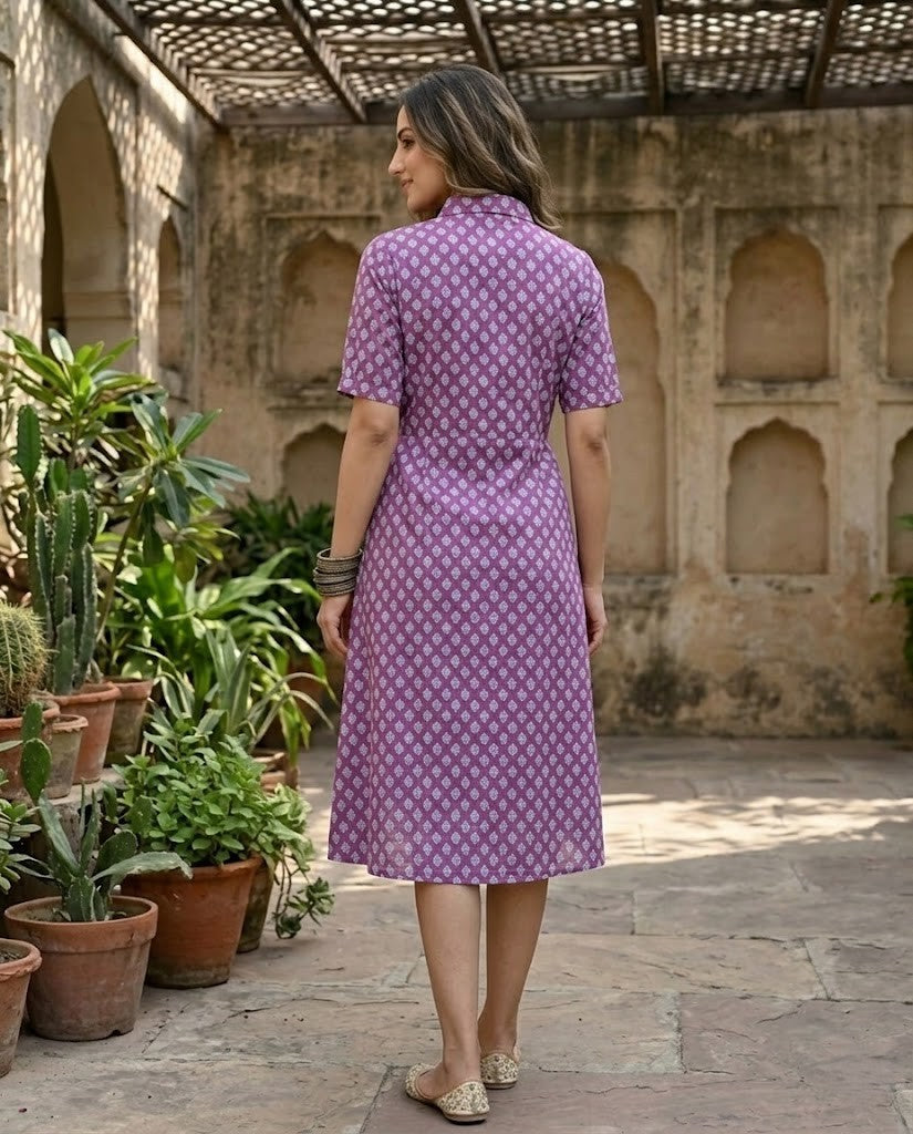 PURPLE COLLAR BELT DRESS (HANDBLOCK)