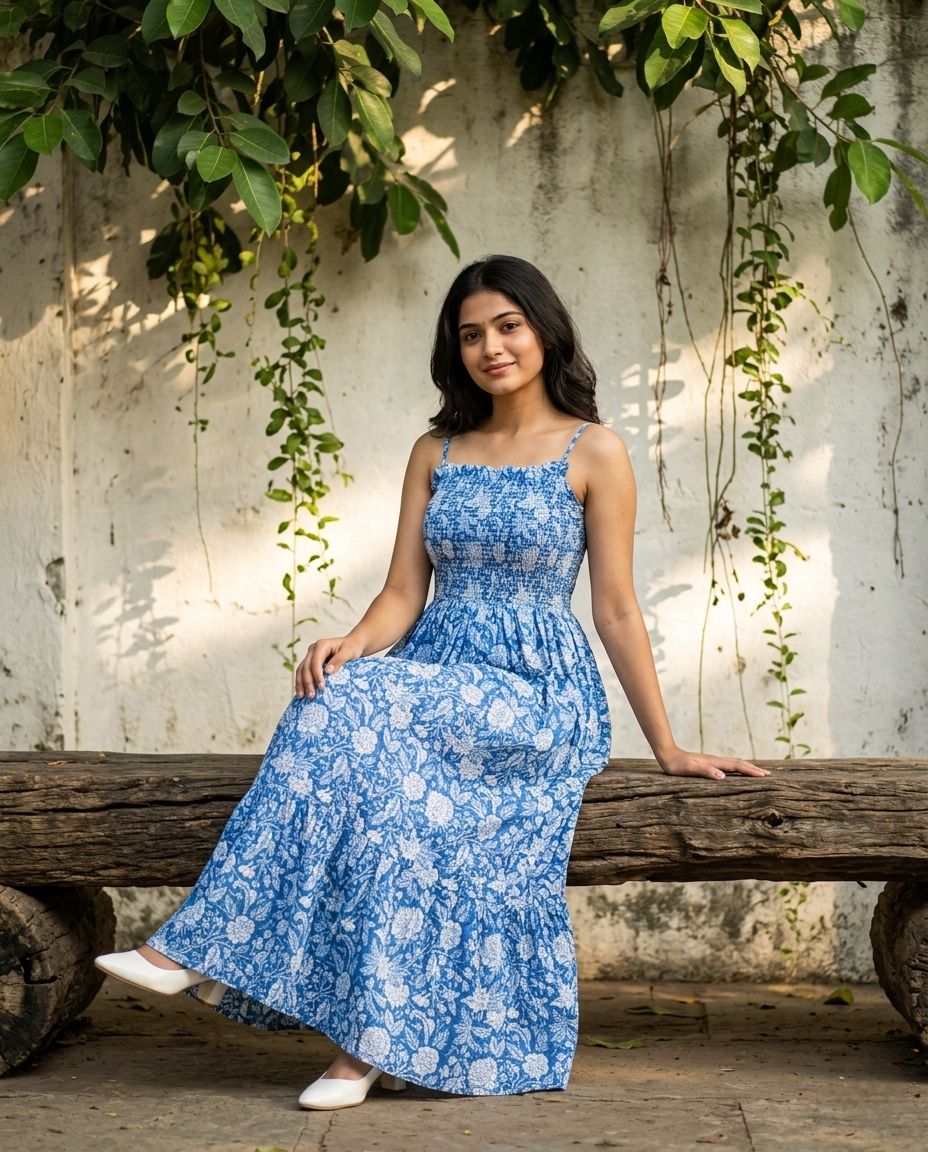 FLORAL COTTON SPAGHTTI BOBBIN ELASTIC FROCK