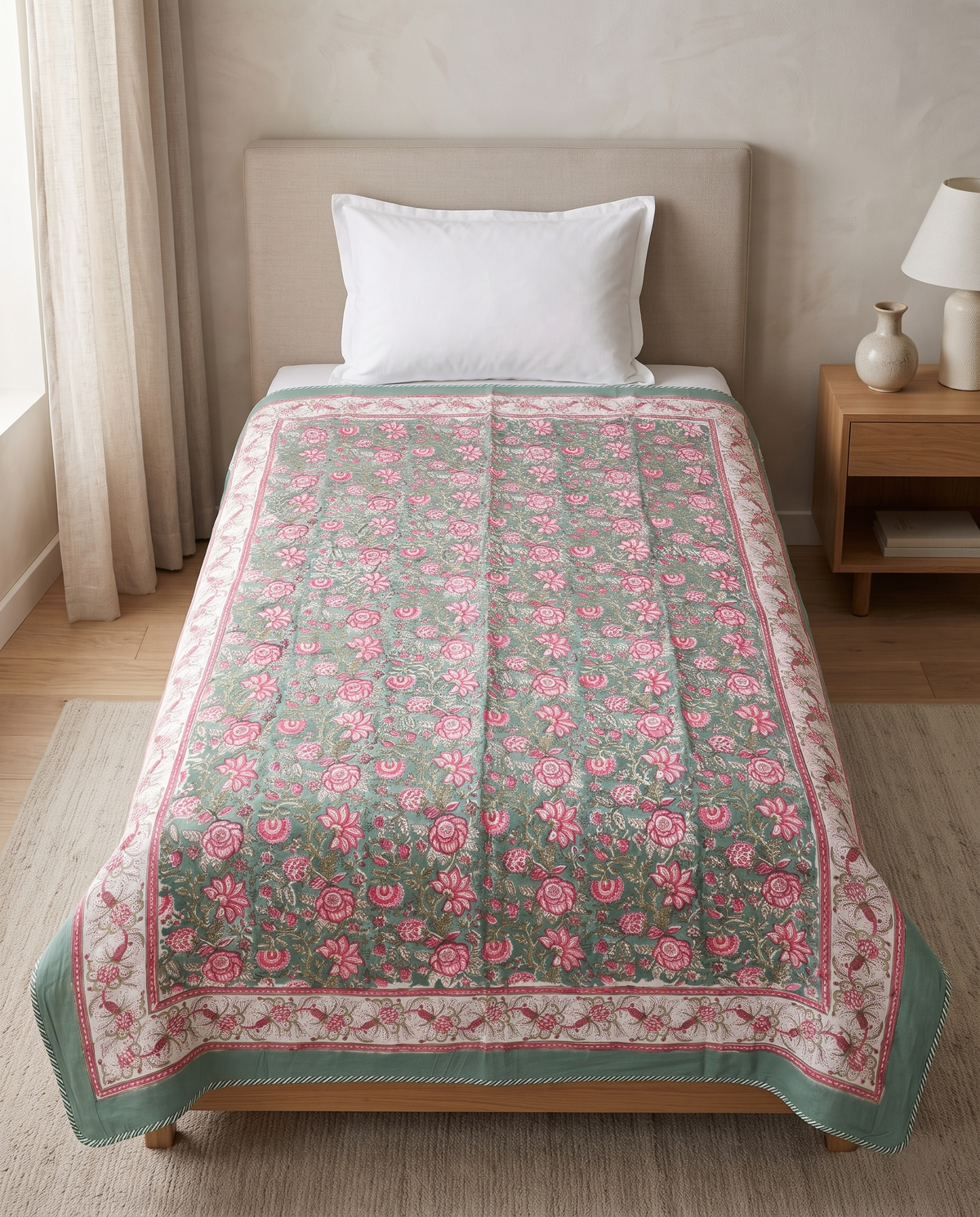 Teal Rose Garden Handblock Reversible Dohar
