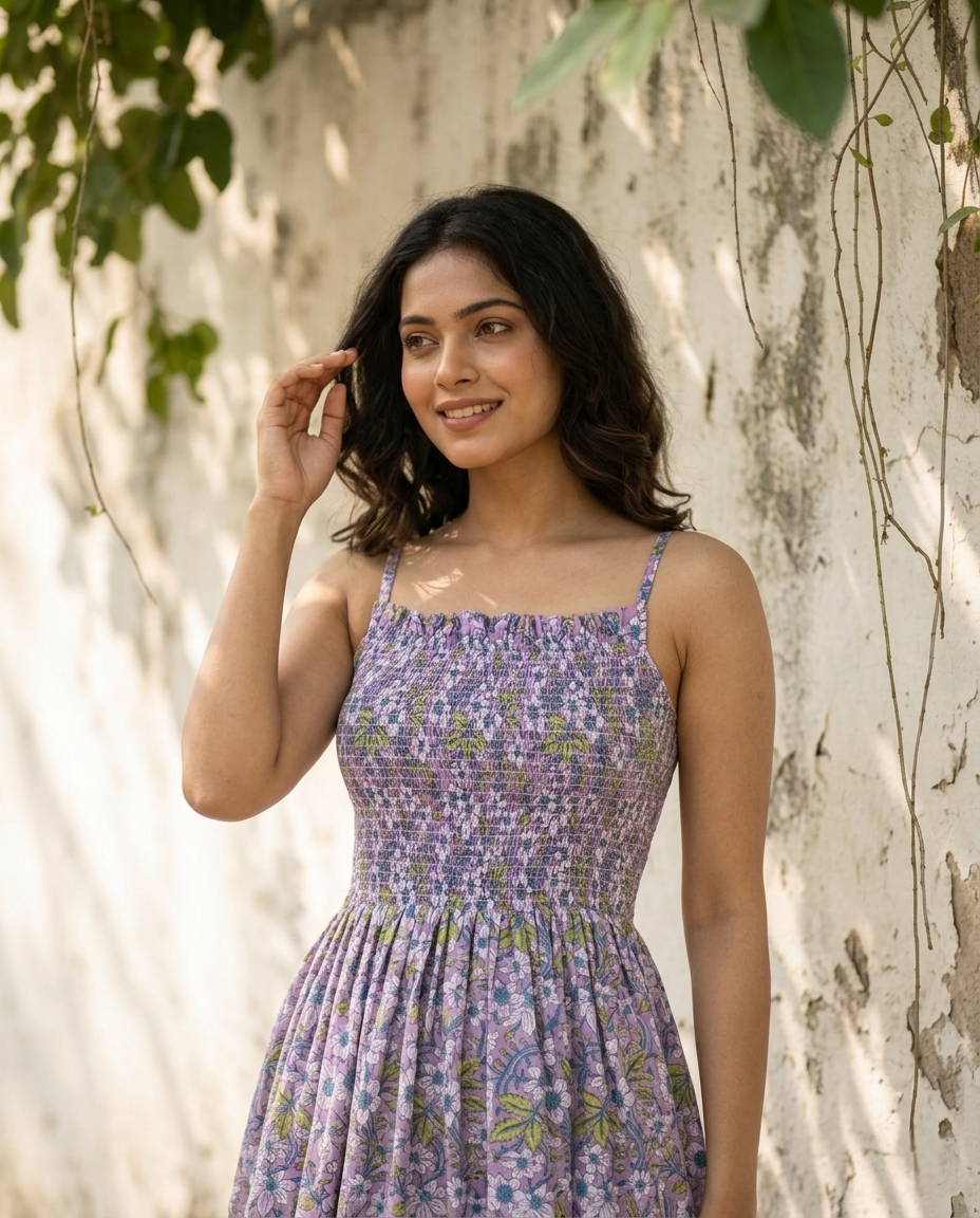 FLORAL COTTON SPAGHTTI BOBBIN ELASTIC FROCK