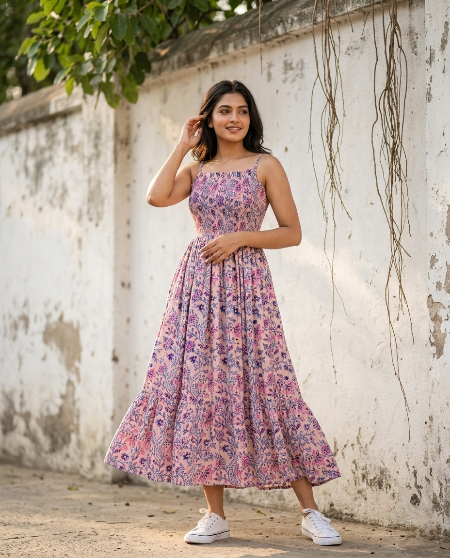 FLORAL COTTON SPAGHTTI BOBBIN ELASTIC FROCK