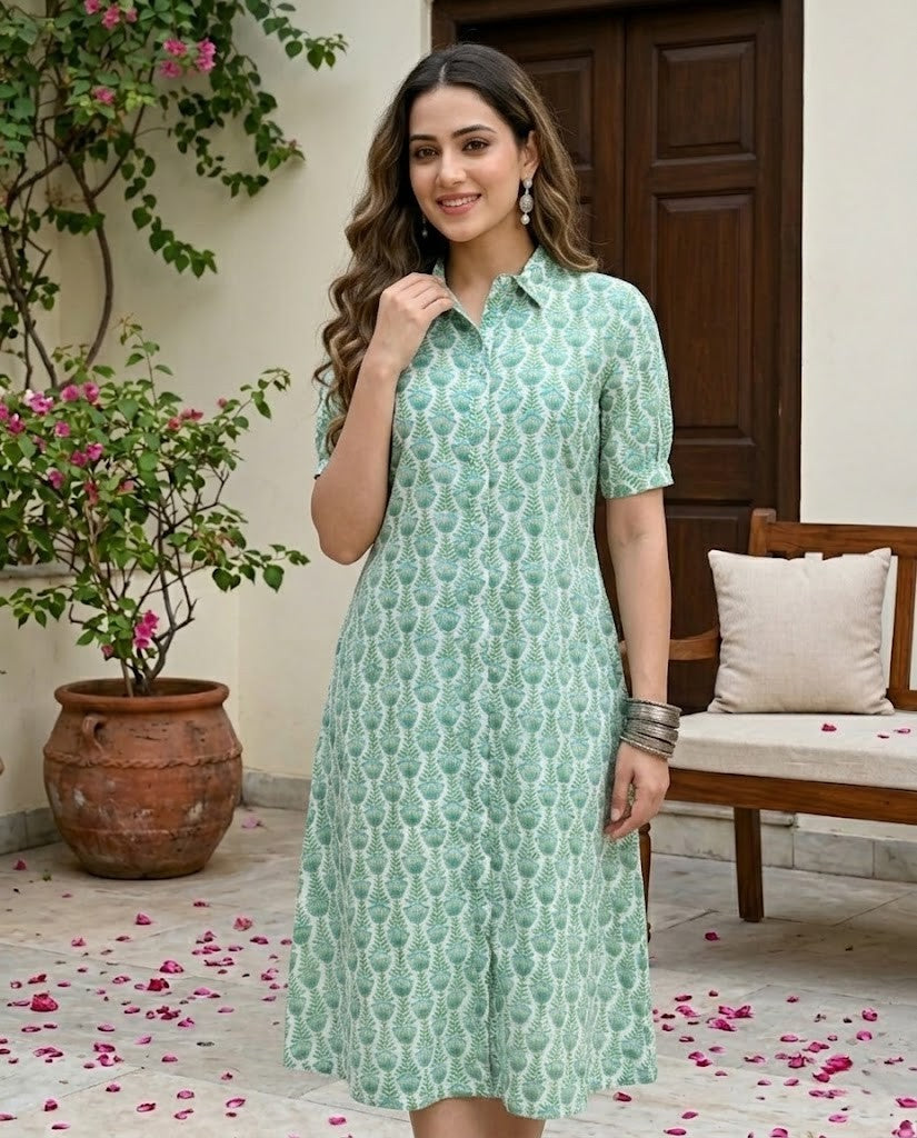 GREEN COLLAR BELT DRESS (HANDBLOCK)