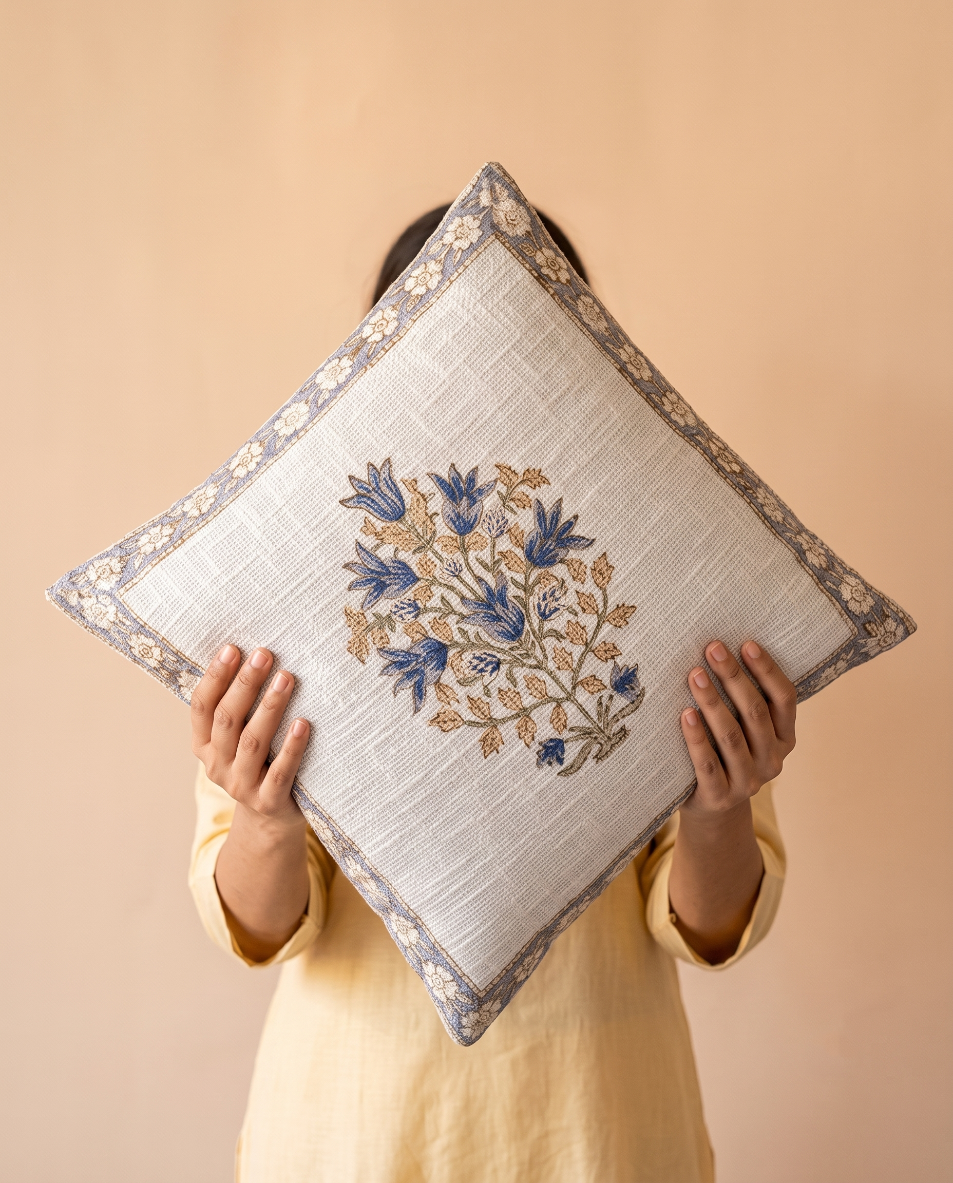 Neel Bagh Floral Handblock Jute Cushion Cover