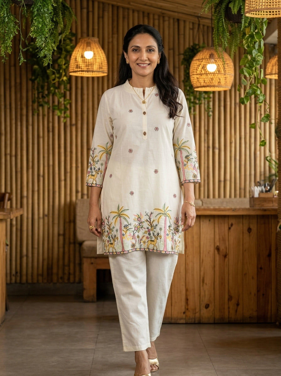 NOOR EMBROIDERED OFF WHITE COTTON CORDSET