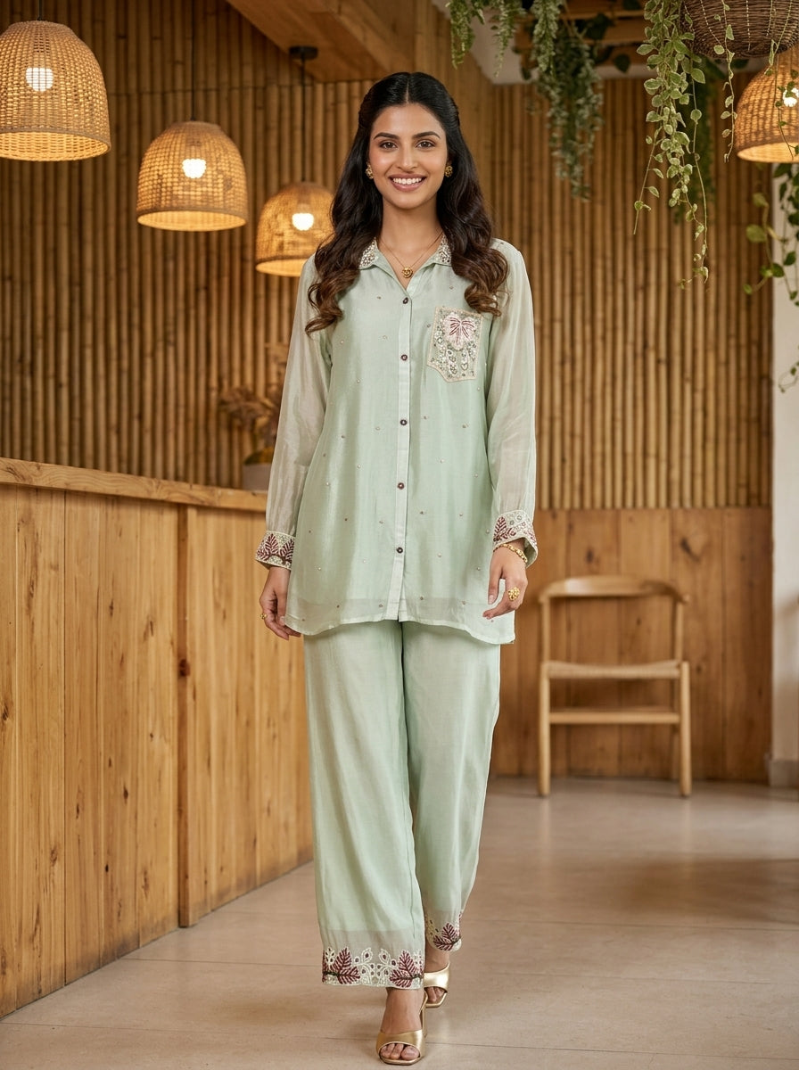 JBK LUXE CHINON CHIFFON LIGHT GREEN CORD SET