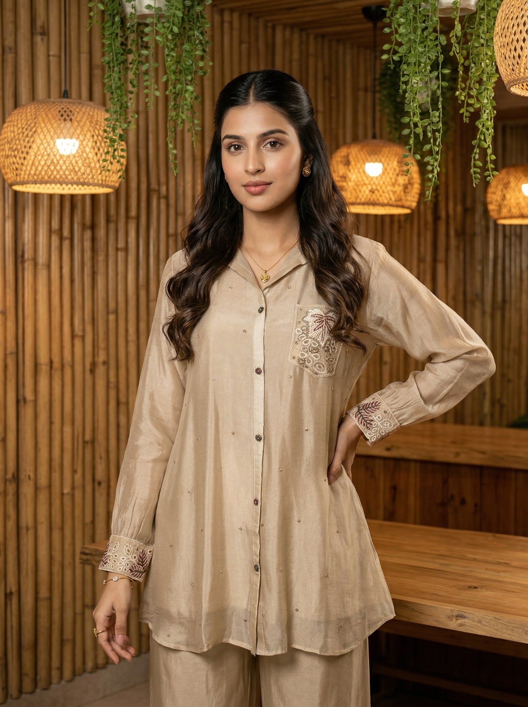 JBK LUXE CHINON CHIFFON LIGHT BEIGE CORD SET