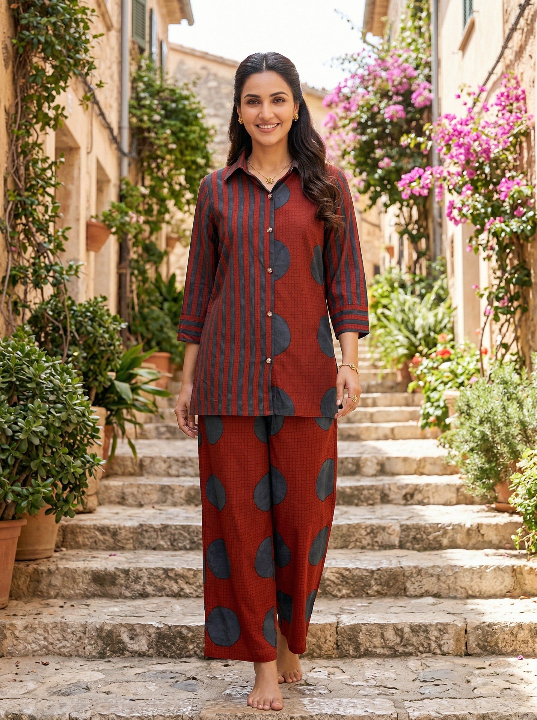 AJRAKH CHARM RED + INDIGO BLUE COTTON CORDSET