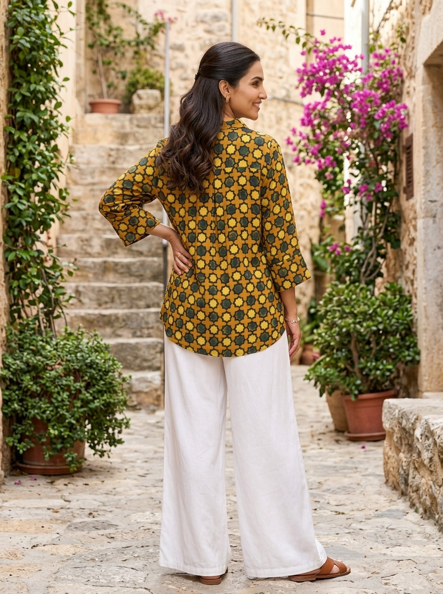 Yellow Green Modal Silk Ajrakh Silk Stories Shirt