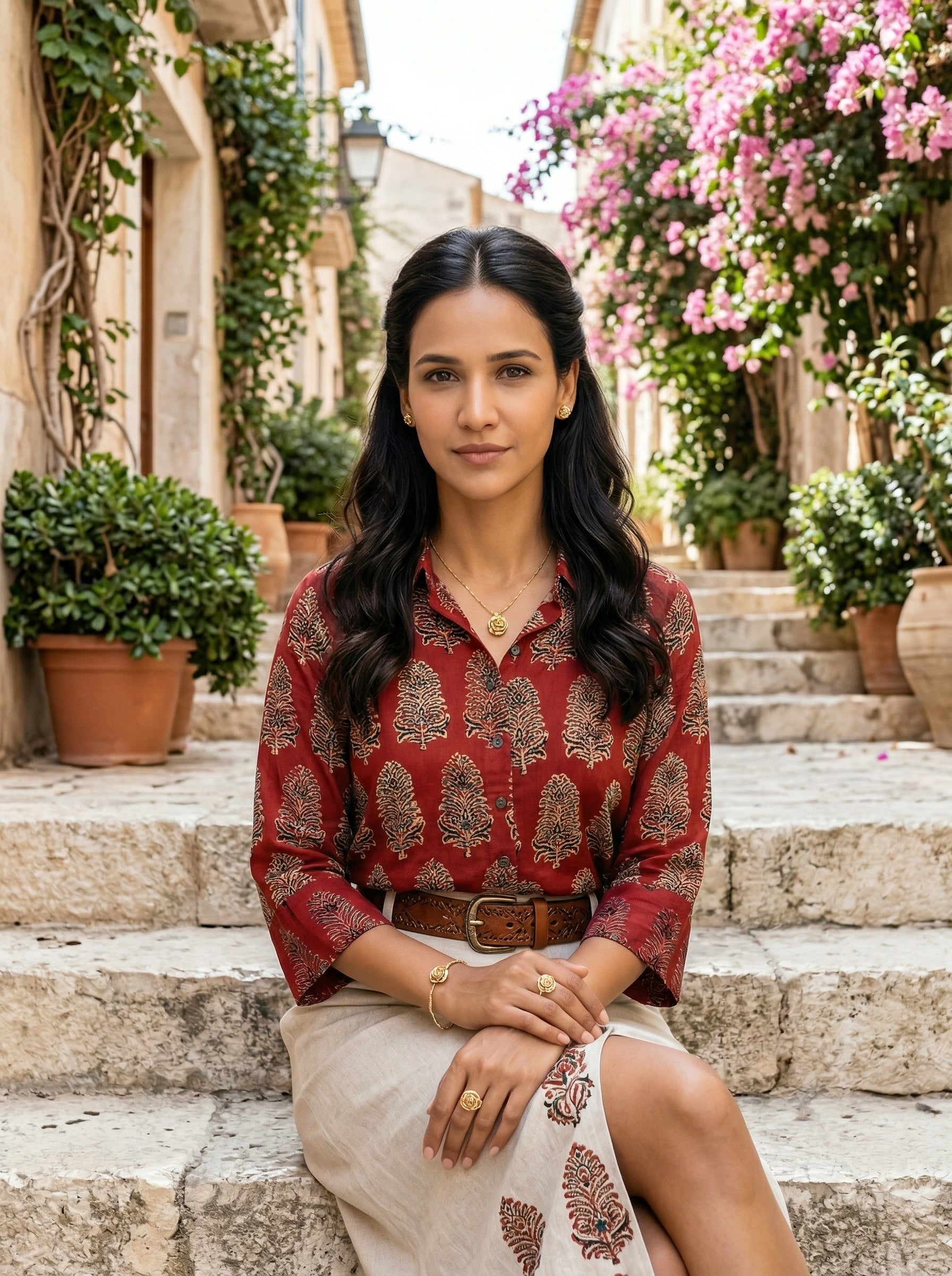 Red Modal Silk Ajrakh Silk Stories Shirt