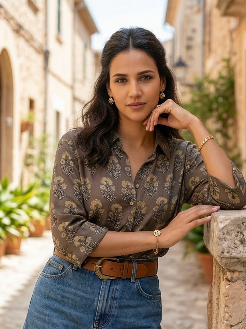 Brown Modal Silk Ajrakh Silk Stories Shirt