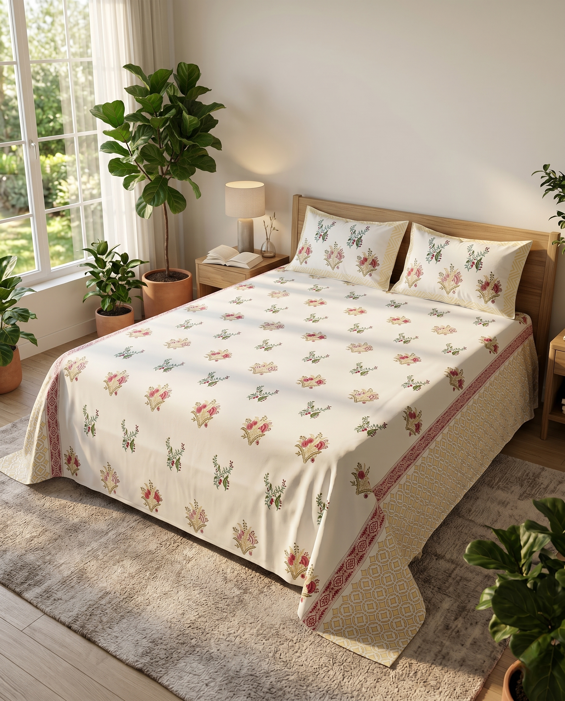 Rose Meadow Pearl Blush Beige Premium Cotton Bedsheet