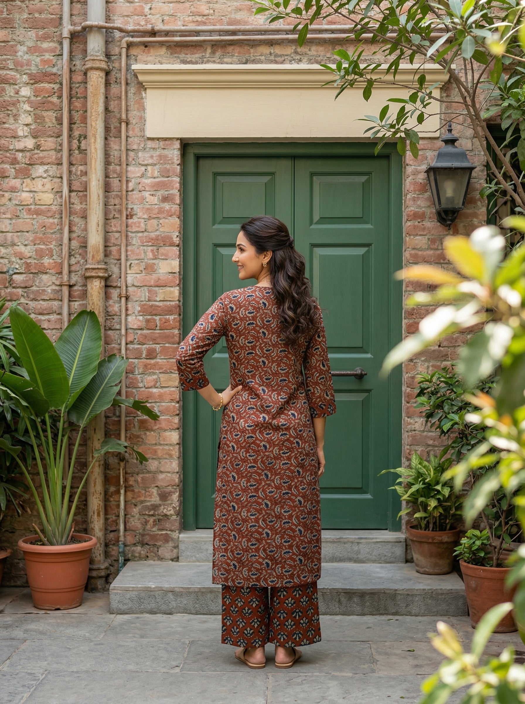 KALAMKARI FLORAL BRICK RED COTTON KPD SET