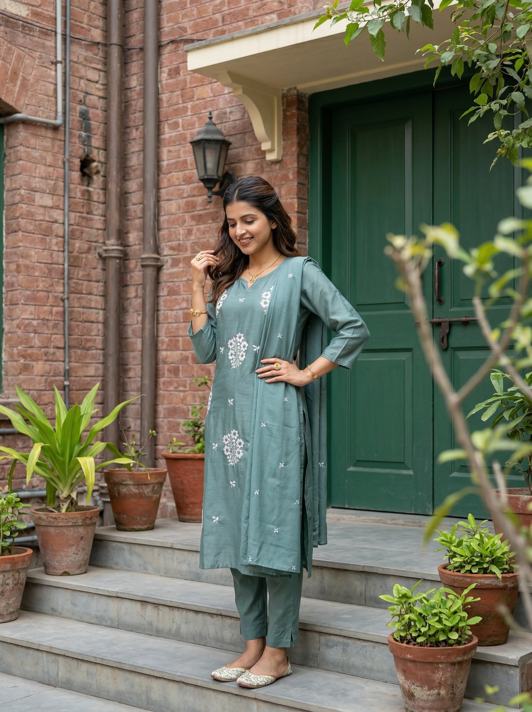 FLORAL APPLIQUE SEA GREEN MUL MUSLIN KPD SET