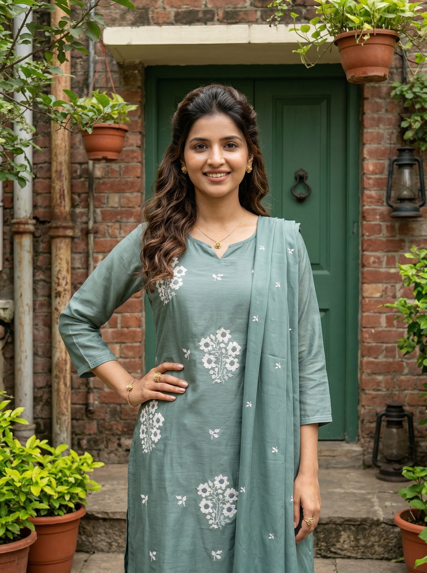 FLORAL APPLIQUE SEA GREEN MUL MUSLIN KPD SET