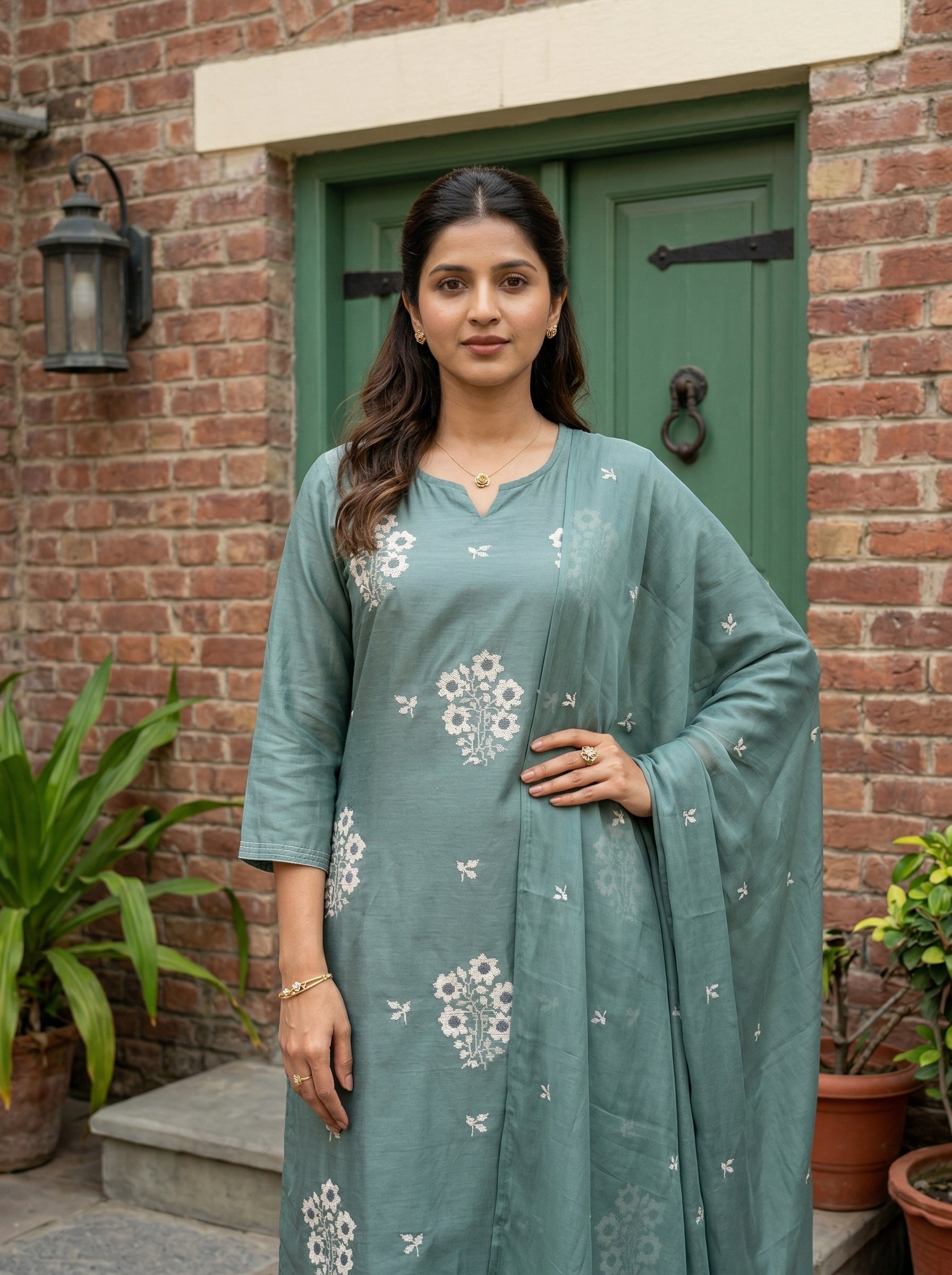 FLORAL APPLIQUE SEA GREEN MUL MUSLIN KPD SET