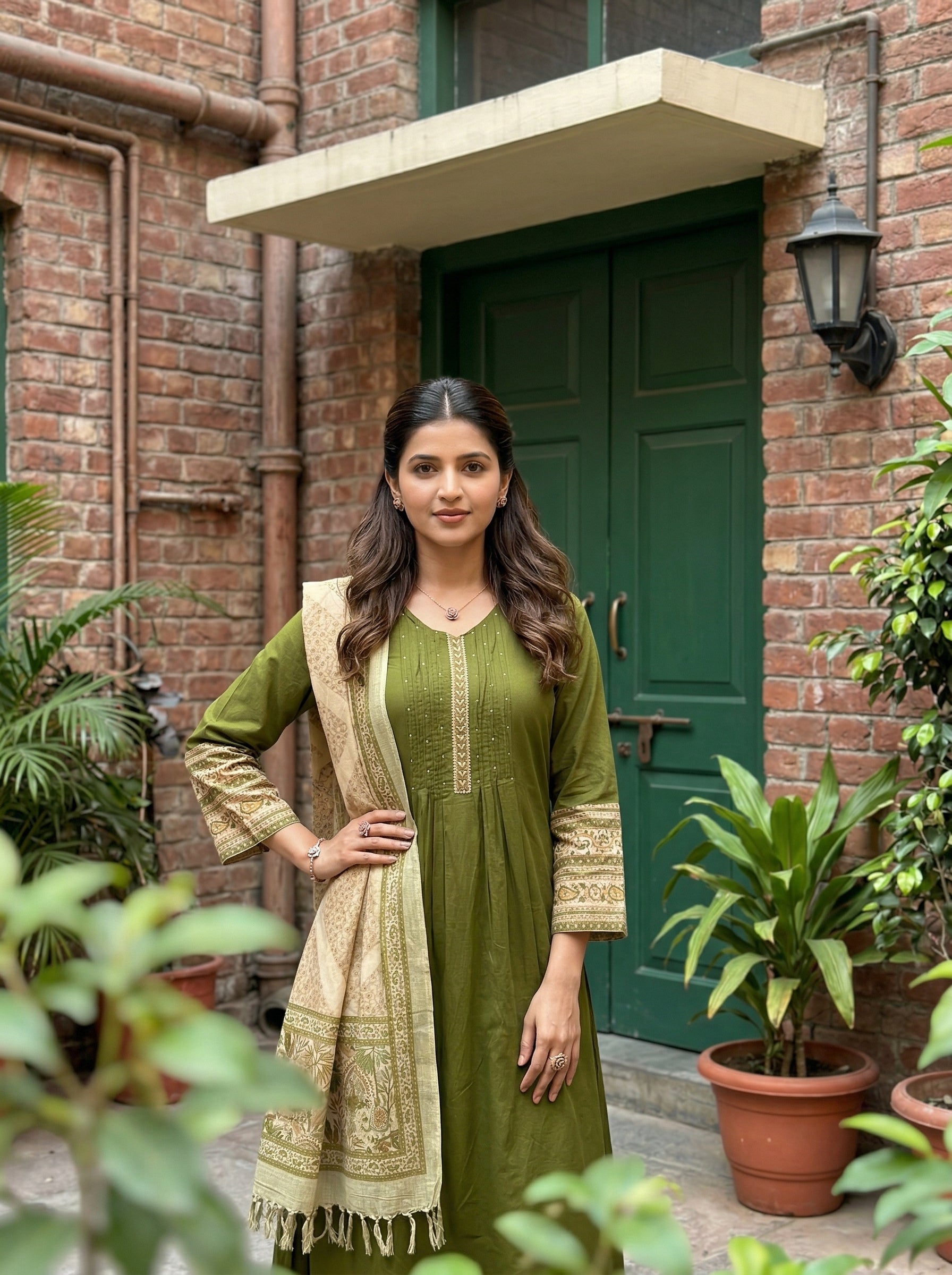 HANDWORKED COTTON PINTUCK GREEN KPD SET