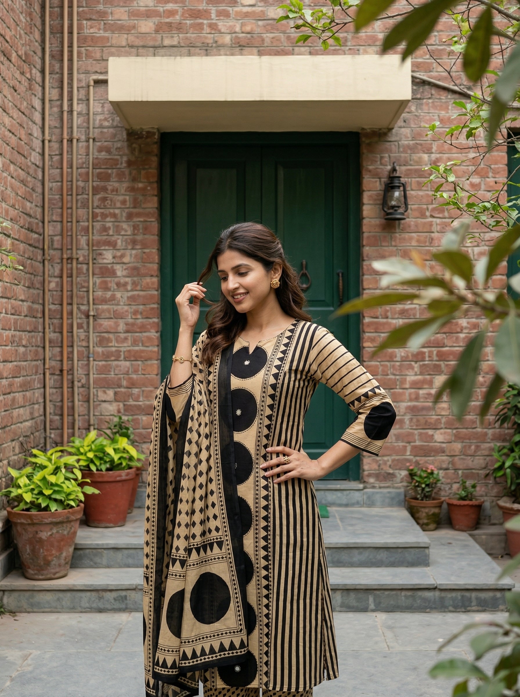 Off White and Black Cotton Daaira KPD Set