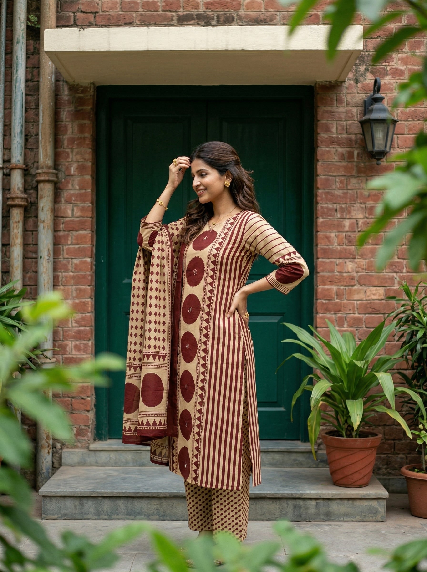Off White and Red Cotton Daaira KPD Set